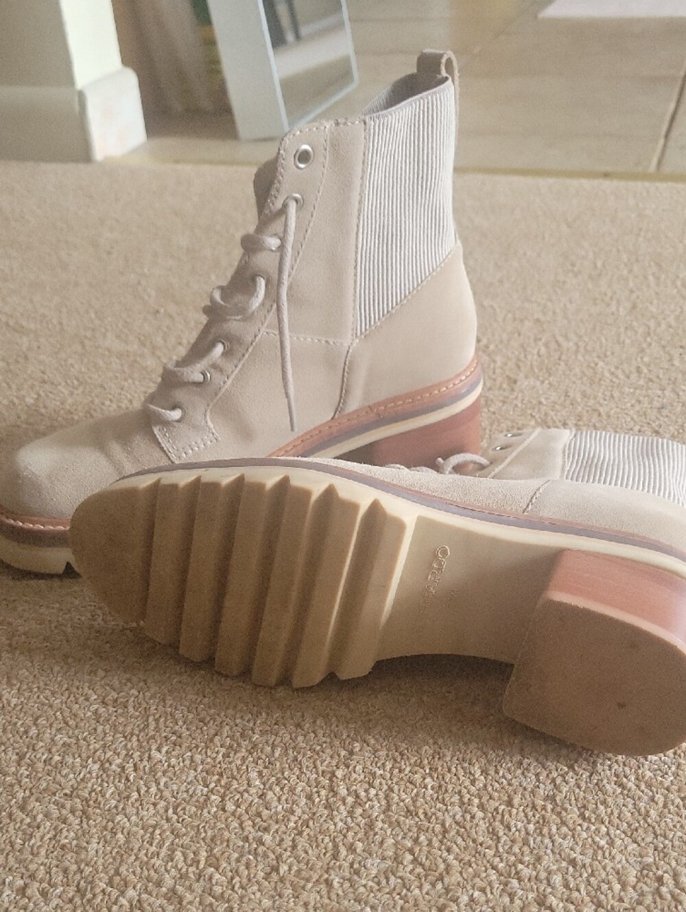 Bernardo Beige Lace-Up Chunky Heel Ankle Boots - Picture 2 of 6